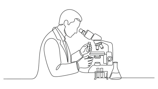 Continuous line drawing of a scientist working with a microscope in a laboratory.