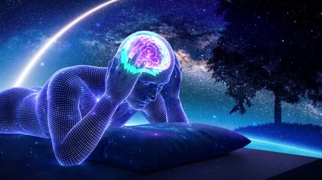 Futuristic Hologram Human Lying in Bed under Night Sky and Tree with Glowing Brain Activity