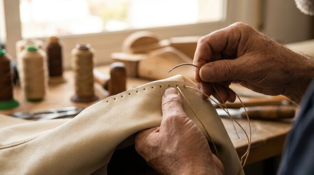 Artisan hands skillfully stitching leather with needle and thread, creating custom products at a workshop table