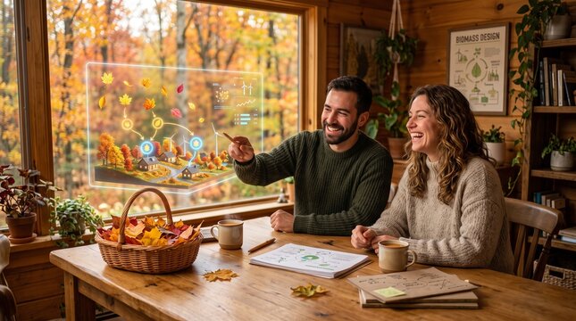 Smiling couple interacting with futuristic holographic screen in cozy autumn cabin
