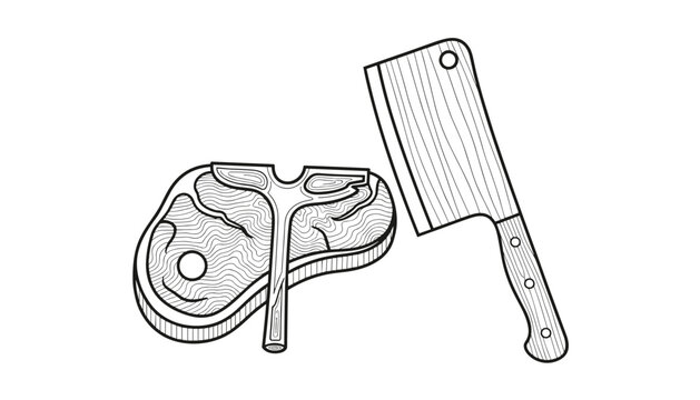 Engraving style line art of a raw t-bone beef steak alongside a classic butcher cleaver knife on a white background.