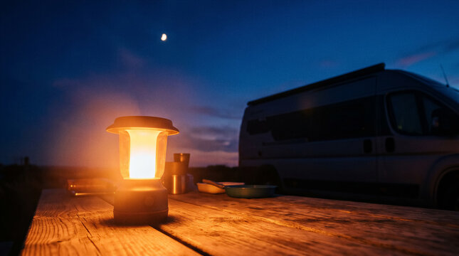 Warm lantern glowing on wooden table at dusk with camper van in background. Outdoor camping, travel lifestyle, adventure, night scene.