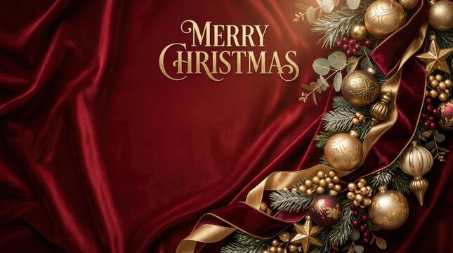 Elegant merry christmas background with golden ornaments, pine branches, and red velvet fabric