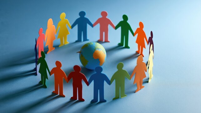 A circular gathering of colorful paper human figures joins hands around a small terrestrial globe to symbolize global unity and the collective strength found within diverse multicultural