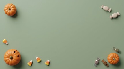 Fototapeta premium Small pumpkins and candies are scattered on a light green surface, creating a festive Halloween theme.