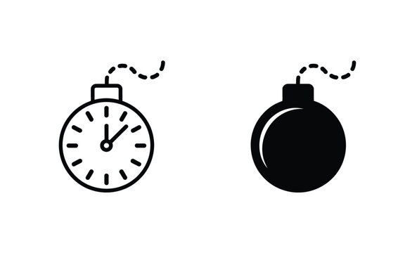 Bomb timer and time bomb vector icons in outline and solid style with countdown