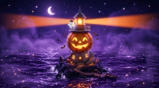 A glowing pumpkin lighthouse in a purple halloween sea under a crescent moon and starry night sky.