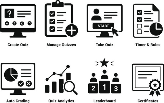 Online Quiz and Assessment Icons Set, Create Quiz, Manage Questions, Take Quiz, Timer, Auto Grading, Quiz Analytics and Certificates Vector Illustration
