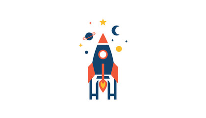Fototapeta premium Flat design of a space rocket launching into the night sky surrounded by colorful planets, stars, and crescent moon.