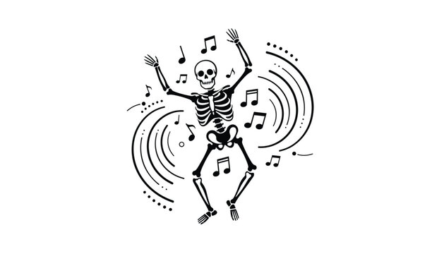 Funny dancing skeleton outline surrounded by musical notes and sound waves celebrating a spooky halloween party.