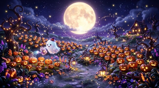 Ghost wearing witch hat watering vast field of glowing jack o lanterns under massive full moon at night.