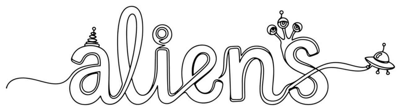 Aliens typography text with UFO and alien character one line art, minimalist lettering vector illustration for sci-fi and space lovers