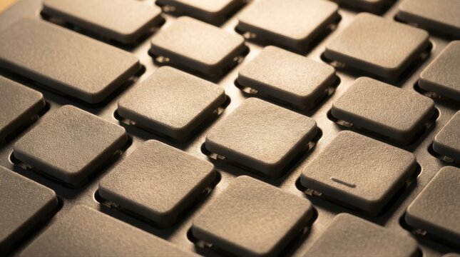 Close up view of a computer keyboard's surface, featuring blank, unlabelled keys displaying a granular texture
