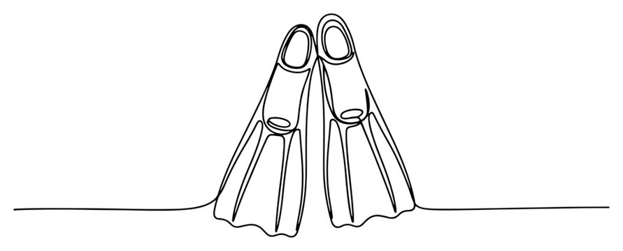 Diving fins and flippers one line art drawing, minimalist swimming and snorkeling gear vector illustration for summer vacation and sea sport
