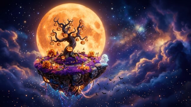 Floating fantasy island with spooky pumpkin tree and cute ghost under giant glowing orange full moon.