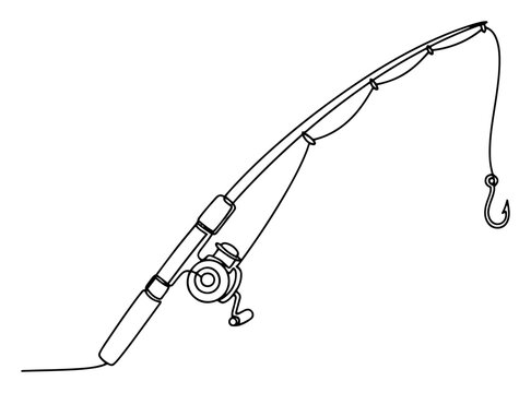 Fishing rod with reel and hook one line art drawing, minimalist angling equipment vector illustration for outdoor hobby and river fishing sport