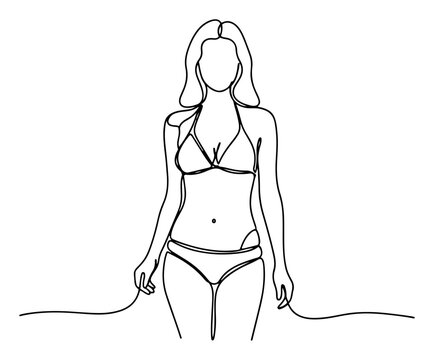 Beautiful woman in bikini one line art drawing, minimalist female body silhouette vector illustration for summer fashion and beach lifestyle