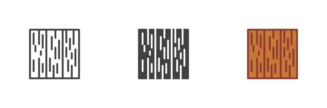 Wood floor icon set shows line, solid and flat colorful wood floor icon, color vector sign and symbol for flooring planks, interior renovation and repair.