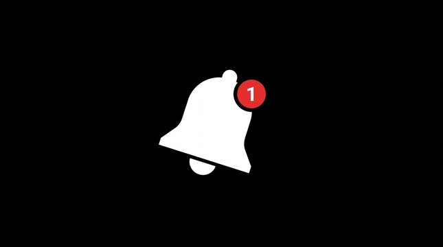 White notification bell icon featuring a red circle with number one against a solid black background