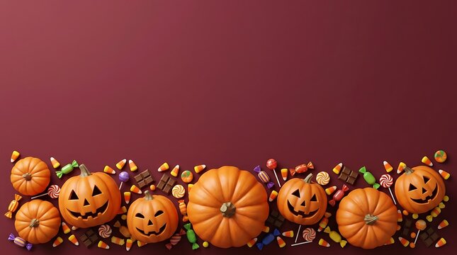 A horizontal arrangement of carved pumpkins, wrapped candies, and scattered sweets decorates the bottom edge of a deep red background.