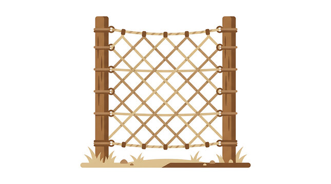 Wooden posts support a woven rope climbing net structure for outdoor adventure and sport