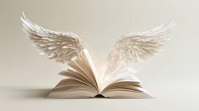 A magical book opens wide on a tabletop while ethereal feathers transform into soaring wings representing the power of imagination and storytelling within a narrative journey of spiritual