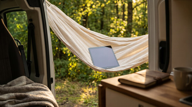 Tablet resting in hammock inside camper van with forest view. Digital nomad, remote work, travel lifestyle, outdoor adventure.