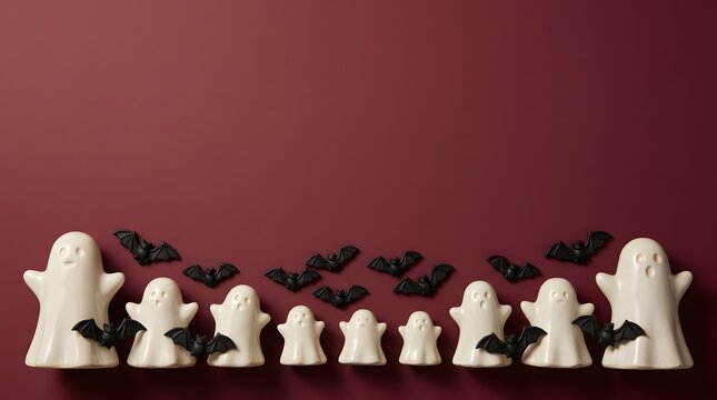 White ghost figurines arranged in a line against a deep burgundy background