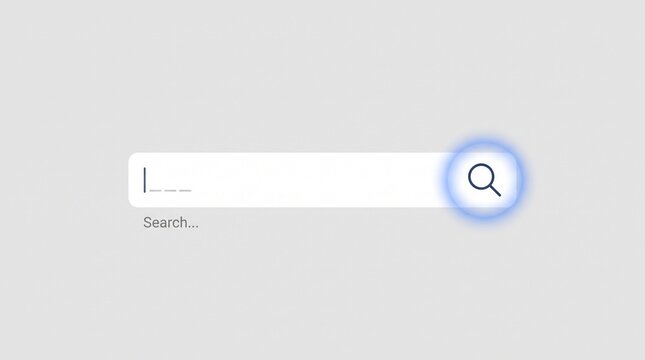 Minimalist search bar interface with glowing blue magnifying glass icon on clean light grey background design