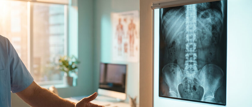 Lumbar spine radiograph held up for clinical evaluation of the lower back. This spinal x-ray is a standard diagnostic tool 
