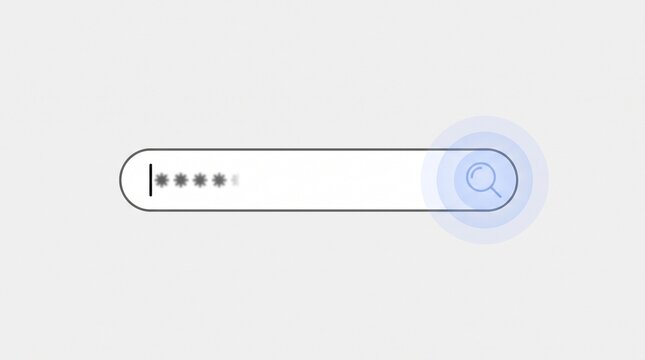 Minimalist digital search bar featuring a glowing magnifying glass icon and hidden secure password text input