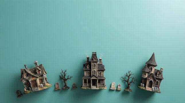 Colorful miniature buildings and landmarks arranged against a soft teal background