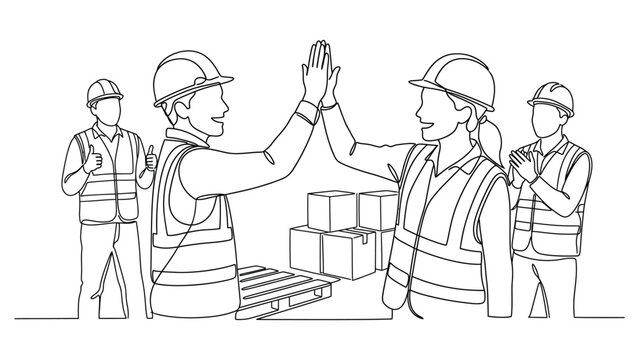 Continuous line drawing of construction workers celebrating success with high five.