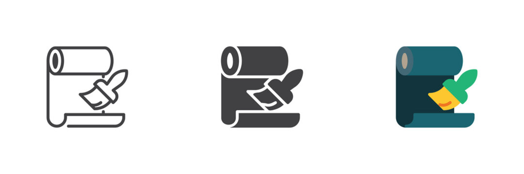 Wallpaper brush icon in line, solid and flat colorful style. Brush icon color vector sign and symbol for wall paper roll, decorating, repair pack.