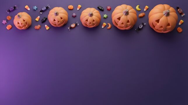 Five carved jack o lanterns with colorful autumn confetti on a purple background