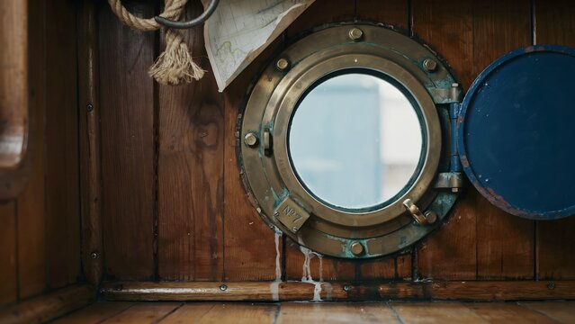 Close-up of porthole window with wooden frame and condensation on wall