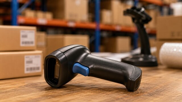 Handheld barcode scanner resting on a warehouse packing desk for inventory management, product identification, package tracking, logistics and order fulfillment.