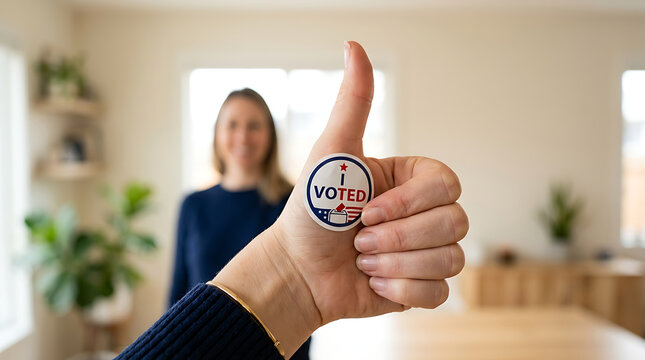 Person showing thumbs up gesture with an i voted sticker pinned on the hand thumbs up voted badge