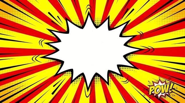 Vibrant comic book speech bubble featuring bold red and yellow sunburst rays and dot patterns