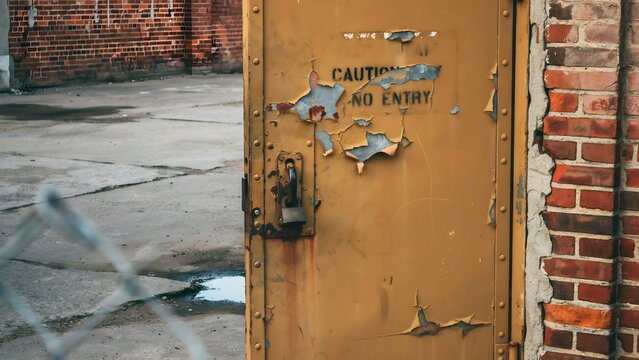 Weathered Yellow Door with Flaking Paint and "Caution No Entry" Sign on Brick Wall