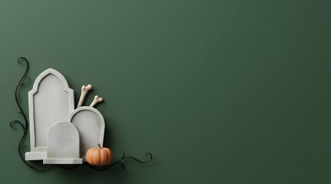 Halloween graveyard scene with tombstones and pumpkin against a dark green background