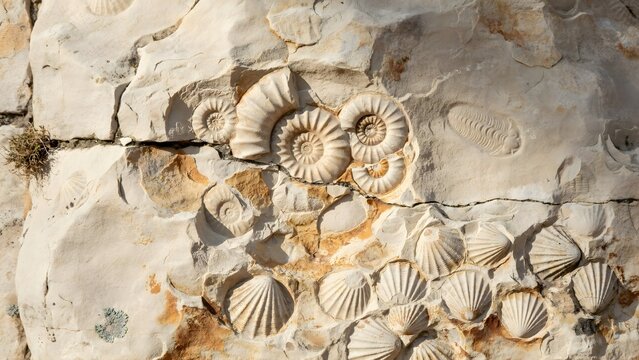 Fossilized marine shells embedded in fossil rock surface with natural textures