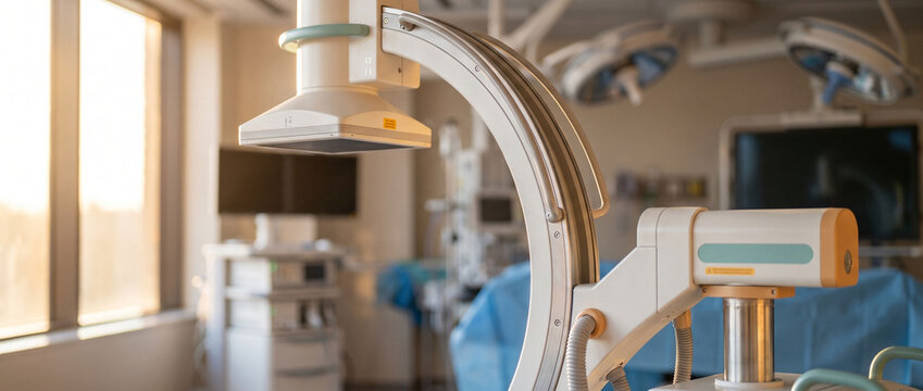 C-arm fluoroscopy unit in a modern operating room prepared for surgical imaging. This heavy equipment is essential for modern surgery and celebrated on International Day of Radiology.