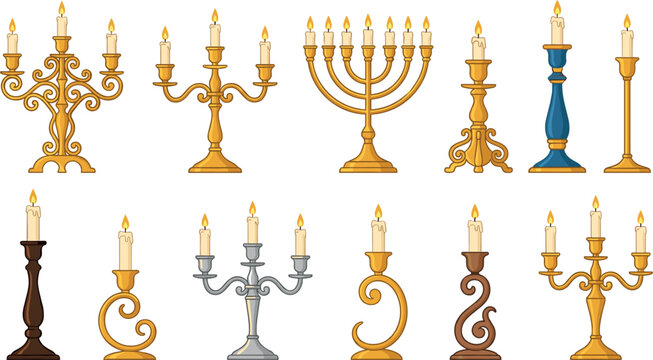 Golden silver and bronze antique candelabras and burning wax candles vector set isolated on plain white background for holiday decoration