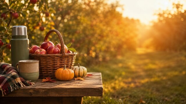 Basket of Apples with Thermos and Pumpkins on Wooden Table in Autumn Orchard
