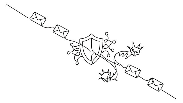 Continuous line drawing of email security shield protection against viruses and malware.