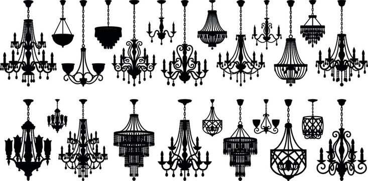 Large classic luxury chandelier silhouette vector collection featuring elegant antique ceiling light fixtures isolated on plain white background