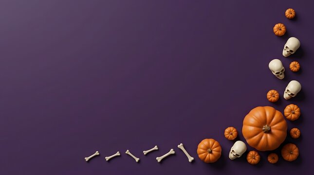 Halloween corner border with pumpkins skeletons and a dark purple background