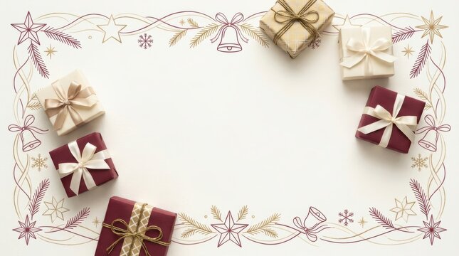 Christmas festive border with gift boxes and holiday decorations isolated on white background