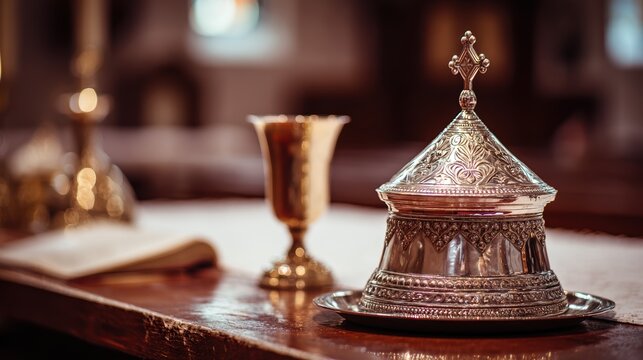 Ornate silver ciborium with a cross on a church altar. Holy vessel for communion with blurred chalice and book in background. Catholic eucharist concept